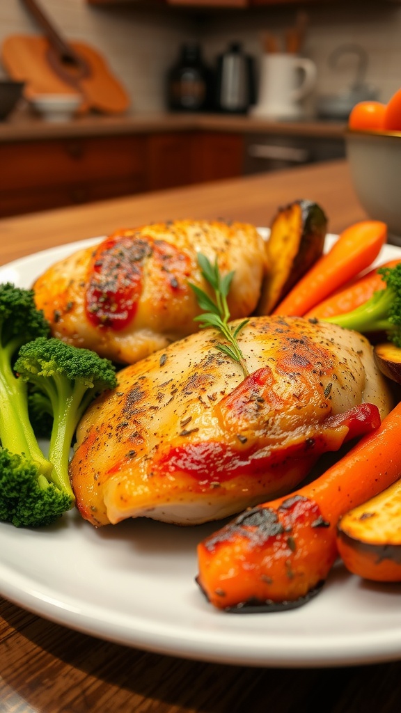 A delicious three-ingredient chicken dinner with roasted veggies on a plate.